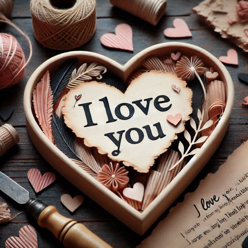Gambar ini memperlihatkan kotak berbentuk hati dengan pesan "I love you" di tengahnya. Kotak tersebut dihiasi dengan berbagai macam bahan seperti kertas, kain, dan ranting pohon. Di sekitarnya terdapat beberapa hati kecil berwarna merah muda dan sebuah pisau ukir yang dipegang dengan tangan. Gambar ini terkesan romantis dan penuh kasih sayang.