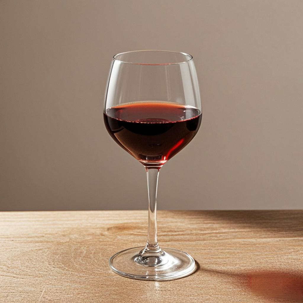 Gambar ini memperlihatkan gelas anggur berisi minuman anggur merah. Gelas tersebut berada di atas meja kayu dengan latar belakang tembok berwarna cokelat muda. Gelas tersebut berukuran sedang dan memiliki kaki yang tinggi. Minuman anggur merah mengisi sebagian besar gelas, terlihat berwarna merah tua dengan sedikit pantulan cahaya.