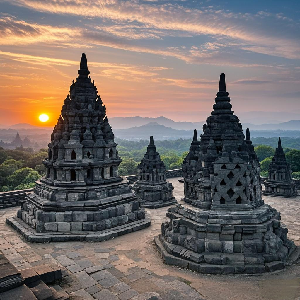 Ini adalah gambar candi dengan pemandangan matahari hampir terbenam.