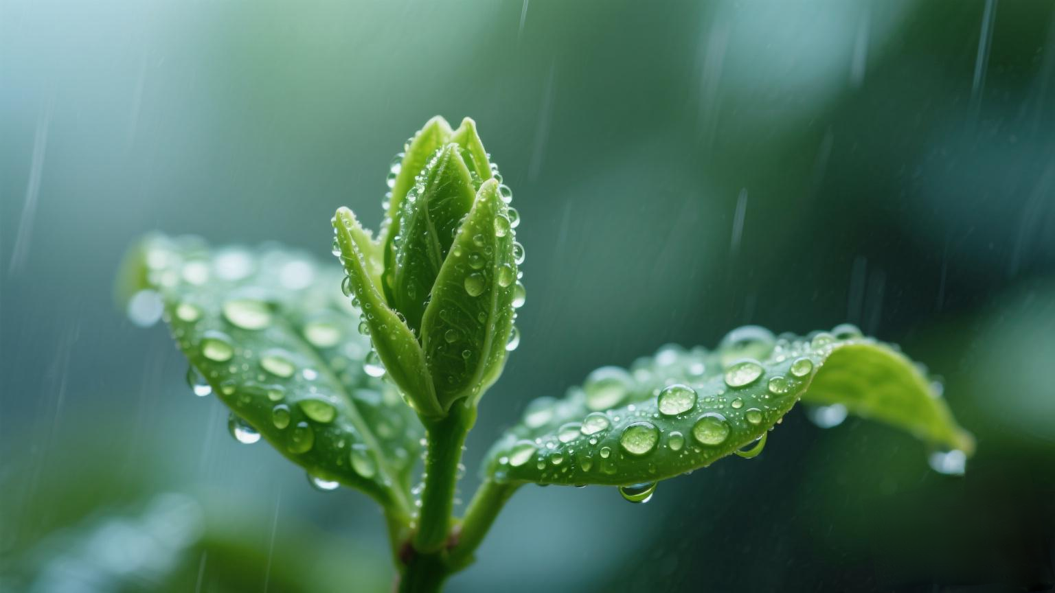 Gambar ini adalah foto close-up dari tunas hijau yang baru muncul dan beberapa daun yang ditutupi dengan banyak tetesan air. Tampaknya hujan atau embun baru saja turun. Warna hijau tunas dan daunnya cerah dan segar. Latar belakangnya buram dan berwarna hijau, yang membantu menonjolkan objek utama. Tampaknya ini adalah hari yang lembap dan berhujan.
