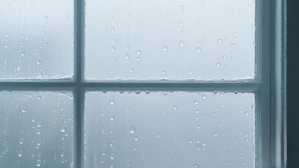 Gambar ini menunjukkan jendela dengan tetesan air hujan di permukaannya. Jendela tersebut tampaknya memiliki kisi-kisi dengan bingkai putih. Warna keseluruhan gambarnya lembut, dengan nada kebiruan. Tetesan air bervariasi dalam ukuran, dengan beberapa menjadi titik-titik kecil dan yang lainnya lebih besar dan terlihat jelas. Latar belakang di luar jendela kabur dan tidak jelas karena hujan.