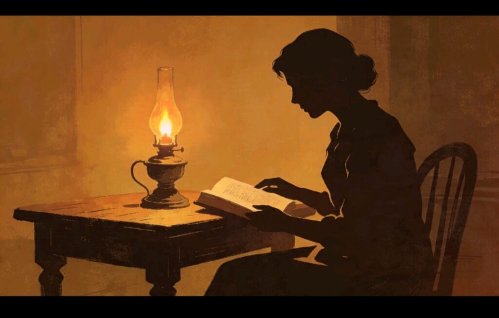 Gambar ini menampilkan siluet seorang wanita yang duduk di sebuah meja kayu, membaca buku di bawah cahaya lampu minyak. Lampu minyak yang menyala terang berada di sisi kiri gambar, memancarkan cahaya hangat yang menerangi buku dan sebagian wajah serta tubuh wanita tersebut. Siluet wanita terlihat jelas, dengan rambut yang tertata rapi dan pakaian yang bergaya klasik. Ia duduk di kursi kayu yang terlihat sederhana namun kokoh. Suasana keseluruhan gambar terasa tenang dan intim, dengan latar belakang yang didominasi warna oranye kecoklatan yang hangat, menciptakan kesan klasik dan nostalgia.