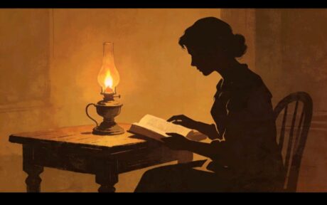 Gambar ini menampilkan siluet seorang wanita yang duduk di sebuah meja kayu, membaca buku di bawah cahaya lampu minyak. Lampu minyak yang menyala terang berada di sisi kiri gambar, memancarkan cahaya hangat yang menerangi buku dan sebagian wajah serta tubuh wanita tersebut. Siluet wanita terlihat jelas, dengan rambut yang tertata rapi dan pakaian yang bergaya klasik. Ia duduk di kursi kayu yang terlihat sederhana namun kokoh. Suasana keseluruhan gambar terasa tenang dan intim, dengan latar belakang yang didominasi warna oranye kecoklatan yang hangat, menciptakan kesan klasik dan nostalgia.