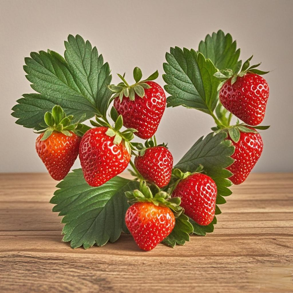 Gambar ini menunjukkan setangkai stroberi dengan beberapa buah stroberi merah yang matang. Stroberi tersebut memiliki daun hijau yang segar dan terletak di atas permukaan kayu. Stroberi tersebut terlihat siap dipetik dan dimakan. Beberapa buah strawberry diletakkan sejajar sedikit menyerupai bentuk love