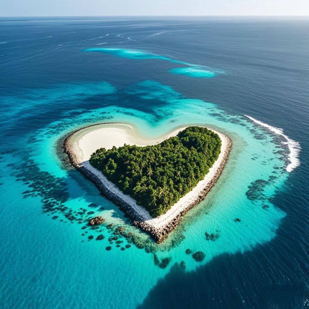 Gambar tersebut menunjukkan sebuah pulau berbentuk hati di tengah lautan. Pulau tersebut berpasir putih dan dikelilingi oleh air laut berwarna biru jernih. Pulau tersebut juga ditumbuhi oleh pepohonan hijau yang lebat. Gambar ini menunjukkan keindahan alam yang luar biasa.