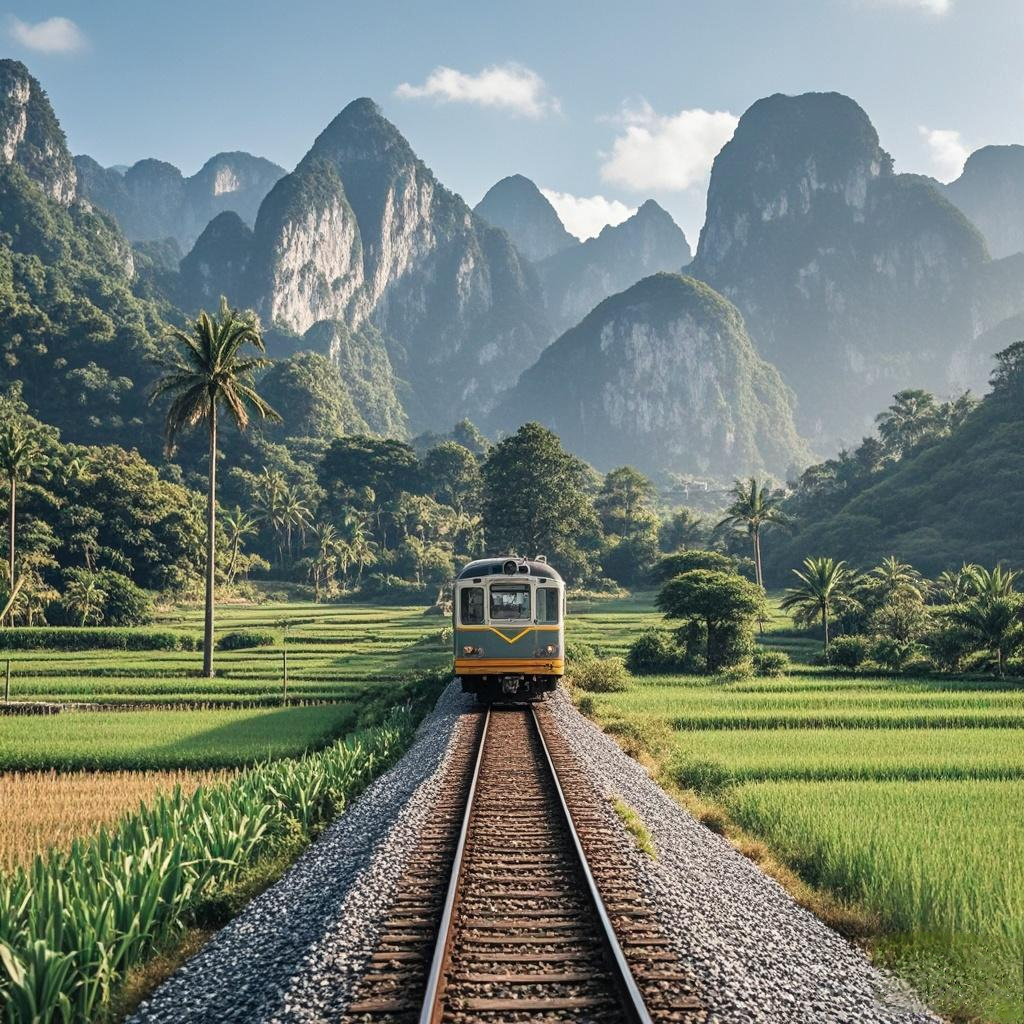 Suatu Kisah Gambar ini memperlihatkan kereta api yang melaju di jalur rel yang dipadati pepohonan hijau dan lembah. Di kejauhan, kita dapat melihat pegunungan yang menjulang tinggi, menciptakan pemandangan yang indah dan tenang. Sinar matahari yang lembut menyinari lanskap, menambah sentuhan magis pada gambar tersebut. Gambar ini menangkap keharmonisan alam dan teknologi, dan menunjukkan keindahan perjalanan melalui pemandangan yang menawan.