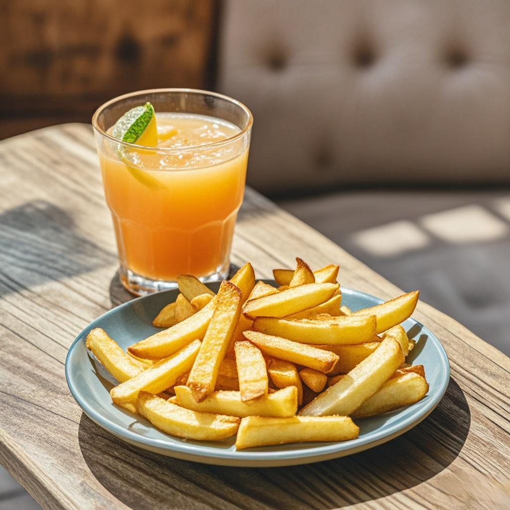 Teror Kentang Camilan Ini adalah gambar sepiring kentang goreng, dan segelas jus melon