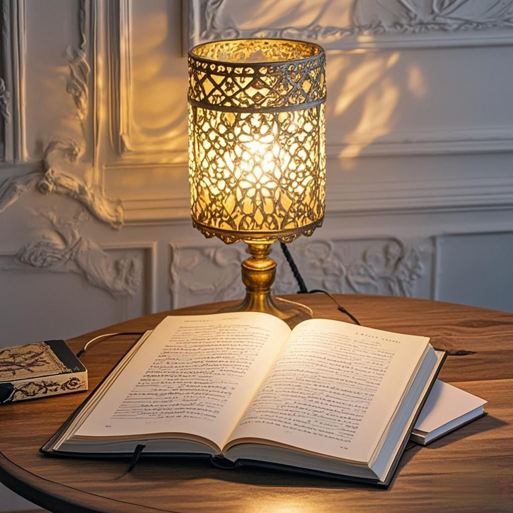 Gambar itu menunjukkan sebuah lampu meja dengan desain yang rumit dan bergaya vintage dengan buku yang terbuka di bawahnya di atas meja kayu. Lampu meja itu bercahaya dan memberikan suasana yang hangat dan nyaman di ruangan. Buku itu tampak seperti sebuah novel atau buku klasik. Gambar itu menyiratkan perasaan ketenangan dan ketenangan, seperti suasana membaca di sore hari.