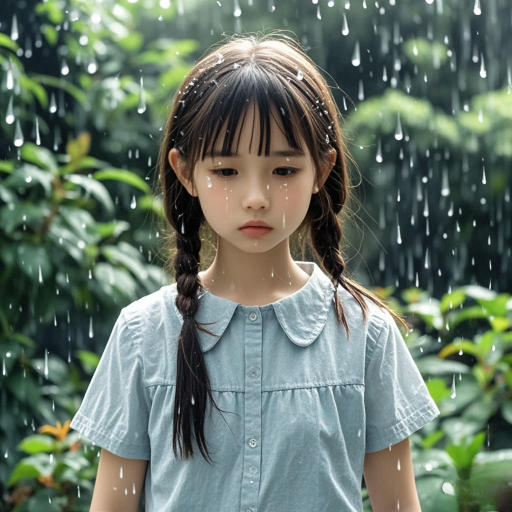 Hujan Rindu Cumbuan Gambar ini menunjukkan seorang gadis kecil yang memakai baju biru muda, rambutnya dikepang. Dia sedang berdiri di tengah hujan dengan latar belakang tanaman hijau. Gadis itu terlihat sedikit sedih, mungkin karena hujan.