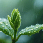 Gambar ini adalah foto close-up dari tunas hijau yang baru muncul dan beberapa daun yang ditutupi dengan banyak tetesan air. Tampaknya hujan atau embun baru saja turun. Warna hijau tunas dan daunnya cerah dan segar. Latar belakangnya buram dan berwarna hijau, yang membantu menonjolkan objek utama. Tampaknya ini adalah hari yang lembap dan berhujan.