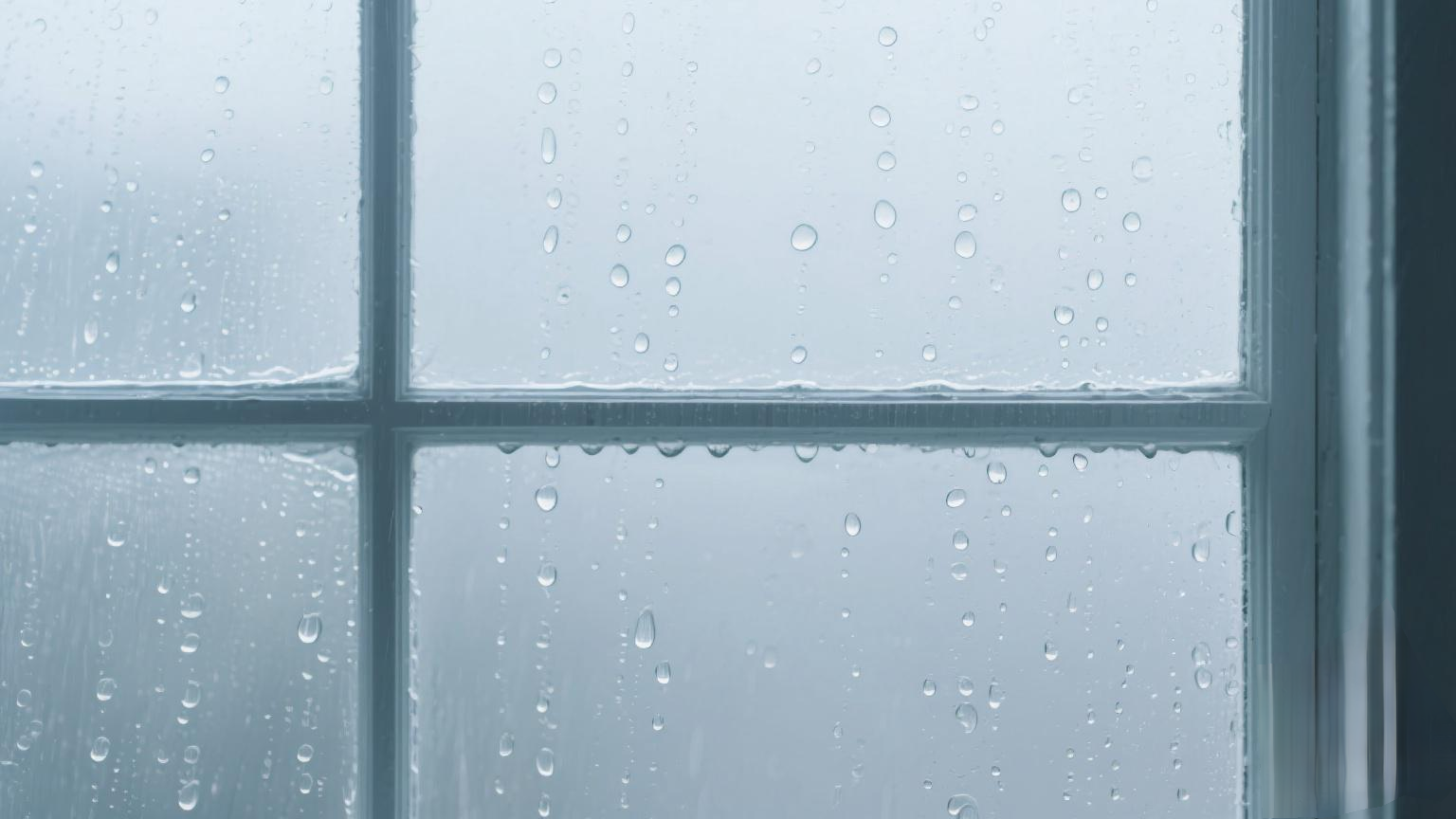 Gambar ini menunjukkan jendela dengan tetesan air hujan di permukaannya. Jendela tersebut tampaknya memiliki kisi-kisi dengan bingkai putih. Warna keseluruhan gambarnya lembut, dengan nada kebiruan. Tetesan air bervariasi dalam ukuran, dengan beberapa menjadi titik-titik kecil dan yang lainnya lebih besar dan terlihat jelas. Latar belakang di luar jendela kabur dan tidak jelas karena hujan.