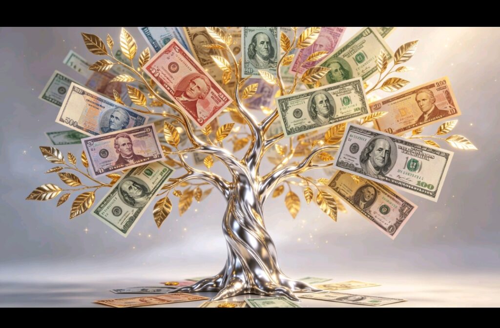 Gambar ini menampilkan sebuah pohon bergaya artistik dengan batang dan cabang logam mengkilap berwarna perak, dihiasi dengan daun-daun emas yang berkilauan. Uang kertas dari berbagai denominasi, termasuk dolar Amerika Serikat, tumbuh di cabang-cabangnya seperti buah, dan beberapa uang kertas juga tersebar di dasar pohon.