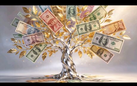 Gambar ini menampilkan sebuah pohon bergaya artistik dengan batang dan cabang logam mengkilap berwarna perak, dihiasi dengan daun-daun emas yang berkilauan. Uang kertas dari berbagai denominasi, termasuk dolar Amerika Serikat, tumbuh di cabang-cabangnya seperti buah, dan beberapa uang kertas juga tersebar di dasar pohon.
